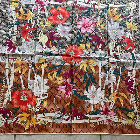 Accessories - Floral GG  Silk Scarf with Vibrant Colors